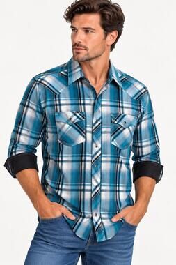 ELY 1878 Men’s XL Western Pearl Snap Shirt Teal Blue Plaid Cowboy